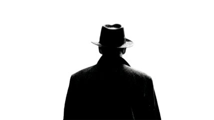 Mysterious figure in a dark coat and hat against a clear backdrop