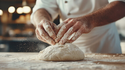 Baker's flour-dusted hands knead fresh dough on wooden surface, capturing craftsmanship, tradition and the art of bread making in a warmly lit kitchen.