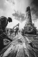 Obraz premium Industrial logging operation with lumberjacks using chainsaws in a forest environment