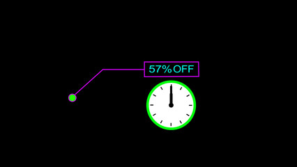 57 percent off discount offer icon illustration. clock and black background. creating a stunning 4k illustration.