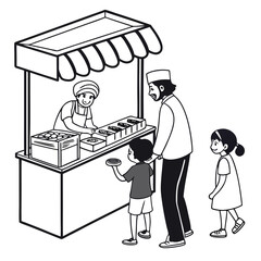 Father and children buying snacks from a street vendor at a market stall