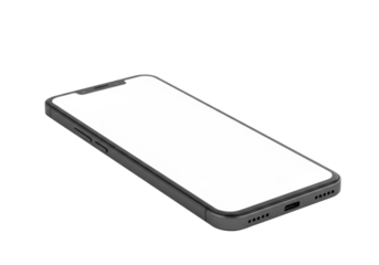 A sleek, modern, dark gray brand-neutral smartphone with a blank angled screen and visible multi-lens camera system, resting on a transparent surface with ample copy space, a high-key product