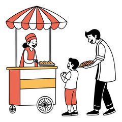 Happy father buys delicious snacks from a street food cart for his excited son