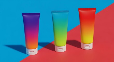 Three vibrant gradient cosmetic tubes stand in a row against a contrasting dual colored background