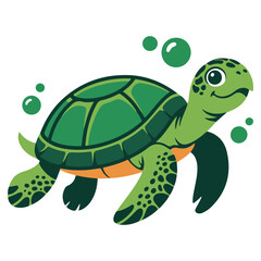 Fototapeta premium Adorable cartoon sea turtle swimming gracefully through clear blue water with playful green bubbles surrounding it