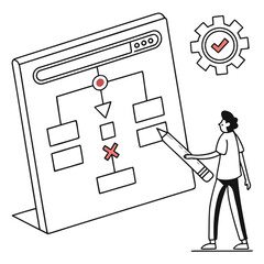 Person drawing a flowchart on a digital board with a gear icon indicating process and success