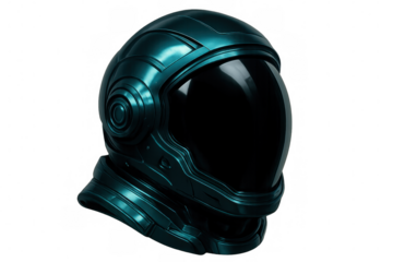Shiny teal blue astronaut helmet with dark visor isolated on transparent background, perfect for space exploration and futuristic projects
