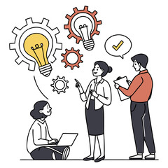 Team brainstorming and idea generation with lightbulbs and gears