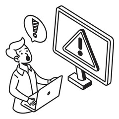 Surprised person looking at computer screen with warning symbol and exclamation mark in speech bubble