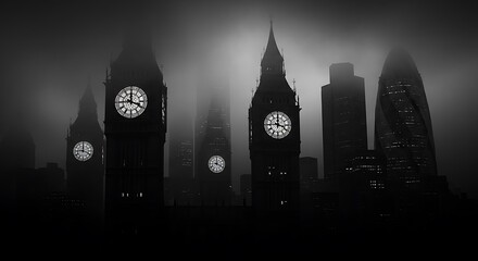 Iconic london skyline silhouetted against a misty night sky with illuminated clock faces