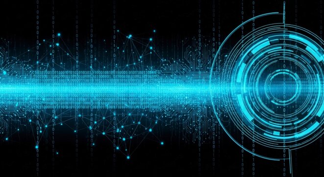 Abstract digital network illustration with binary code and futuristic technology elements