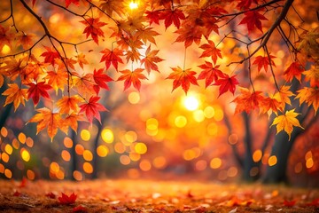 Vibrant autumn forest with red and orange maple leaves, warm sunlight filtering through the branches, creating a beautiful bokeh effect on the ground