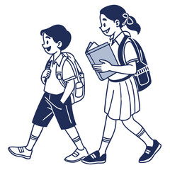 Two happy cartoon children wearing school uniforms and backpacks walking together with a book