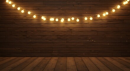 Warm String Lights Hanging Over Wooden Floor Against Rustic Wall
