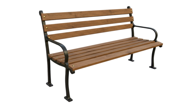 Isolated Classic Wooden and Metal Park Bench for Outdoor Relaxation and Public Seating Areas