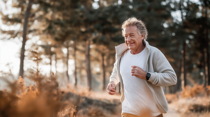 An older man jogs through a forest trail surrounded by golden autumn leaves under warm sunrise light, capturing active lifestyle, wellness, freedom, and connection with nature.