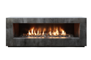 Horizontal stone-like firebox with burning flames