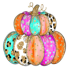 Stacked Glittery Multicolor Pumpkins with Leopard Print Pattern and Transparent Background  
