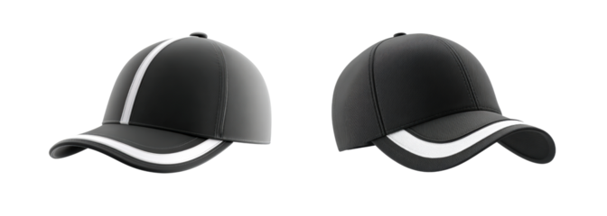 3D Two black baseball caps with white accents are displayed against , Ideal for displays isolated on transparency background, PNG cut out, marketing, or design mockups related to fashion, sports