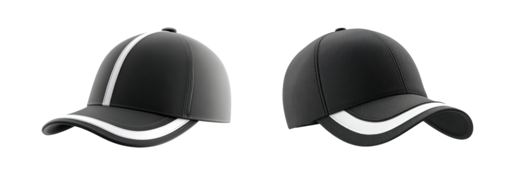 3D Two black baseball caps with white accents are displayed against , Ideal for displays isolated on transparency background, PNG cut out, marketing, or design mockups related to fashion, sports