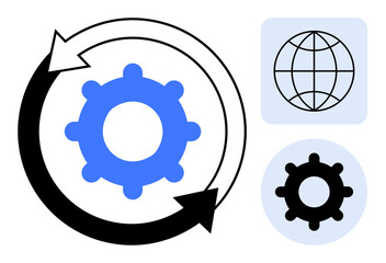 Blue gear encircled by arrows, globe icon, and small gear symbol emphasizing workflow, process optimization, and global collaboration. Ideal for innovation, sustainability, system integration