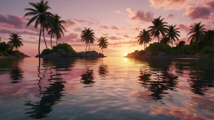 Obraz premium Serene Tropical Sunset: Palm Trees Silhouetted Against Pink Sky and Reflective Water