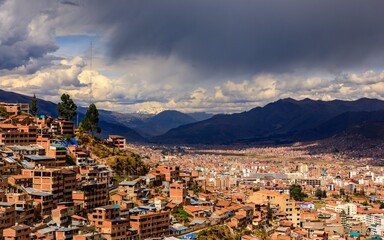 Panoramic view of Cusco with Andes mountains.