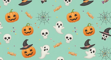 Halloween-themed pattern with pumpkins, ghosts, skulls, and candies on a light green background