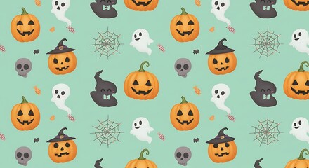 Halloween-themed pattern featuring pumpkins, ghosts, and skulls on a light green background