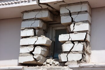 Damaged building facade with large cracks and a shattered window
