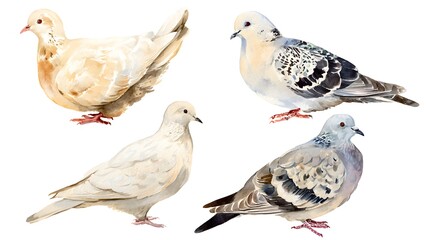 Fototapeta premium Watercolor painting. Set of doves on white background.