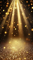 Golden glitter background with spotlight beams.