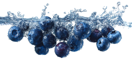 Blueberries fall into the water, creating splashes of blueberry juice in the air. The fresh and juicy berries are adorned with drops of liquid.