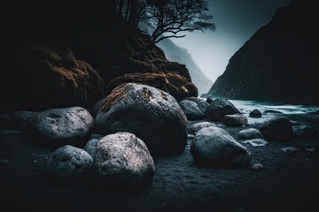 Dark, rocky riverbank shrouded in mist