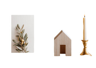 Naklejka premium Muted tones, still life with simple elements. A sprig of olive branches on off-white background, a small wooden house, and a golden candleholder