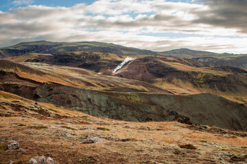 Scenic blue sky mountain with clouds and green grass Nordic landscape