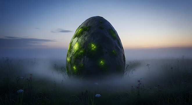 Mysterious glowing alien egg shaped object emerges from ethereal mist at dawn