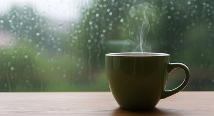 Cozy Scene of a Steaming Green Mug of Coffee or Tea on a Wooden Table, with a Blurred Background of a Rainy Windowpane, Evoking Warmth, Comfort, and Tranquility

