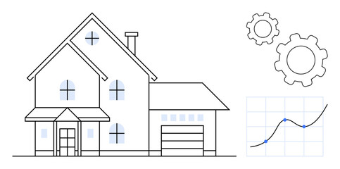 House outline with windows and garage, two gear icons, and a graph for data insights. Ideal for real estate, smart homes, innovation, analysis, technology, engineering simple landing page
