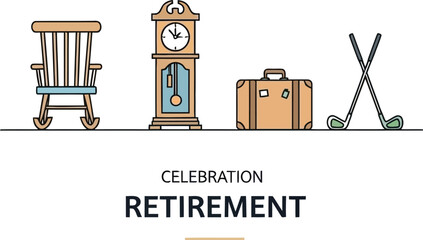 Retirement Celebration with Rocking Chair, Clock, Suitcase