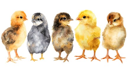 Naklejka premium Set of fluffy chickens and cracked eggs hand drawn in watercolor isolated on the white background. The symbol of spring, new life, nature's awakening and Easter celebration