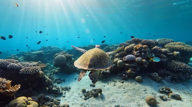 Tortue de mer nageant sur un r&eacute;cif