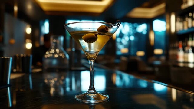 Classic Dry Martini on Elegant Bar Counter with Blurred Bartender Mixing Cocktail in Background &ndash; Cinematic Dolly Shot with Warm Ambient Light and Shallow Depth of Field