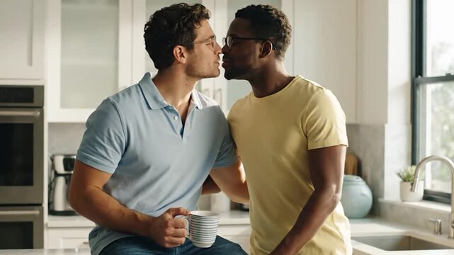 Romantique couple d'hommes s'embrassant dans la cuisine