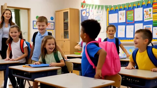 d&eacute;but de la journ&eacute;e scolaire avec &eacute;l&egrave;ves joyeux