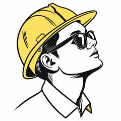 Fototapeta premium Stylized construction worker looking up with yellow hard hat and sunglasses profile
