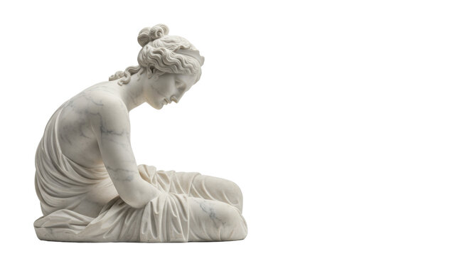 White marble classical sculpture of gracefully reclining female figure, intricate drapery, elaborate updo, isolated on transparent studio background, soft light. Concept of enduring principles
