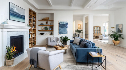 Fototapeta premium hermosa sala de estar abierta en una lujosa villa, con sofas modernos azules y grises, chimenea negra clasica, estanterias y decoraciones clasicas, con colores suaves y elegantes y paredes blancas