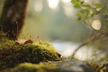 Obraz premium Mossy bank by a stream, soft sunlight