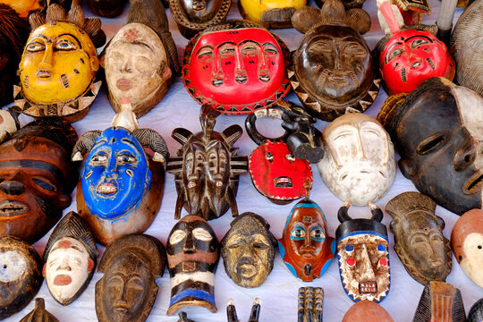 Paris, France, Europe.  The famous and worlds largest flea market - the St. Ouen "Marche des Puces. Display of African masks for sale